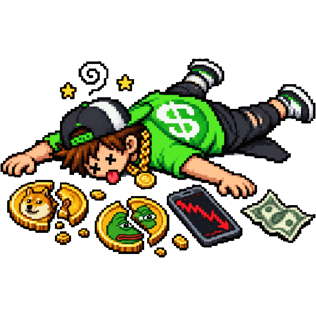 Comprador de Shitcoin, boneco de Cripto caído no chão