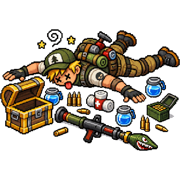 Caçador de Loot, boneco de Fortnite caído no chão