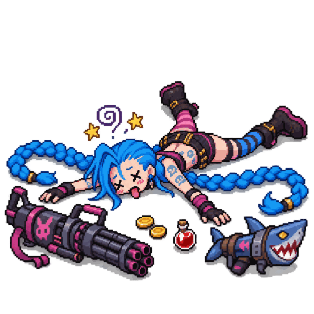 Atiradora Doida, boneco de League of Legends caído no chão