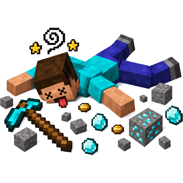 Cavador Reto pra Baixo, boneco de Minecraft caído no chão