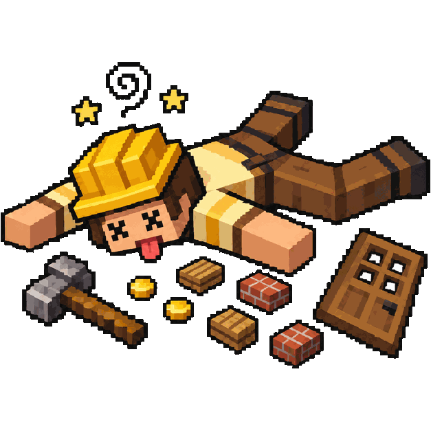 Construtor de Casa Torta, boneco de Minecraft caído no chão