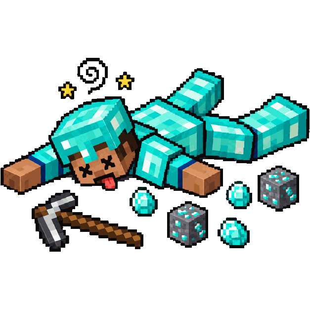 Minerador de Diamante, boneco de Minecraft caído no chão