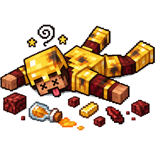 Turista do Nether, boneco de Minecraft caído no chão