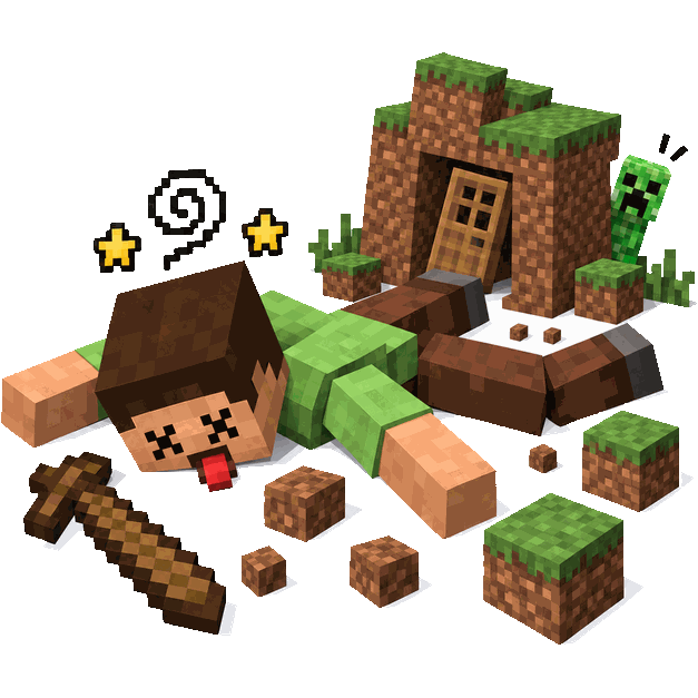 Noob de Terra, boneco de Minecraft caído no chão