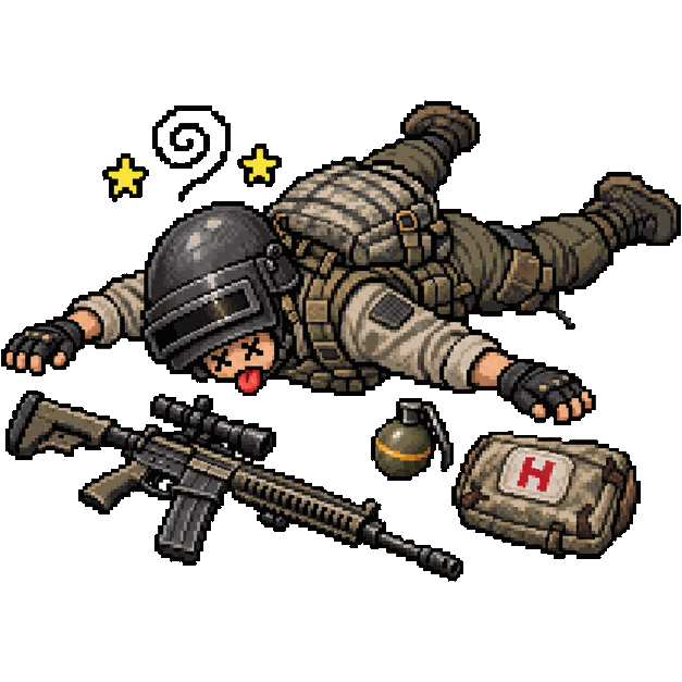 Camper de Prédio, boneco de PUBG caído no chão