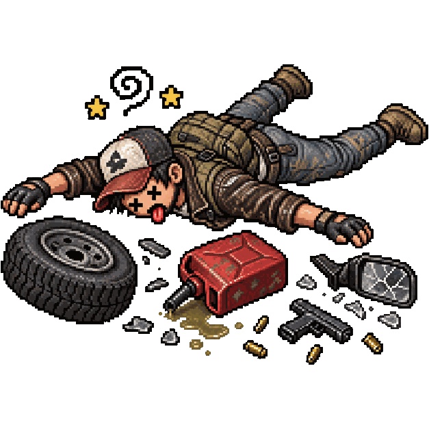 Motorista de Dacia, boneco de PUBG caído no chão