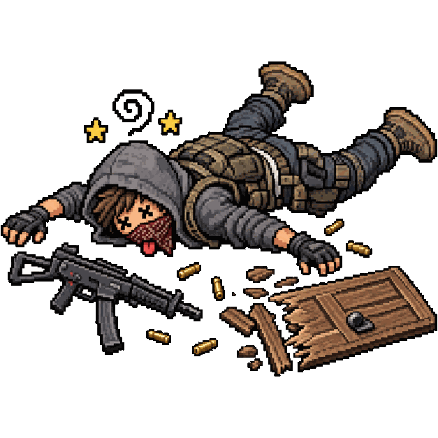 Rusher de Pochinki, boneco de PUBG caído no chão