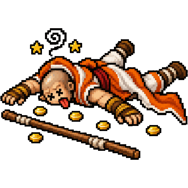 Monk Novinho, boneco de Tibia caído no chão