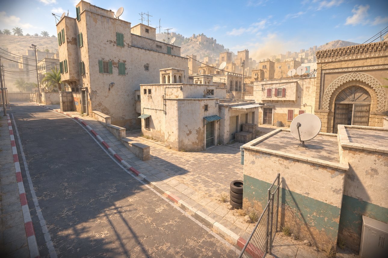 Dust II, mapa de Counter-Strike 2 no fundo da carta de come-piso