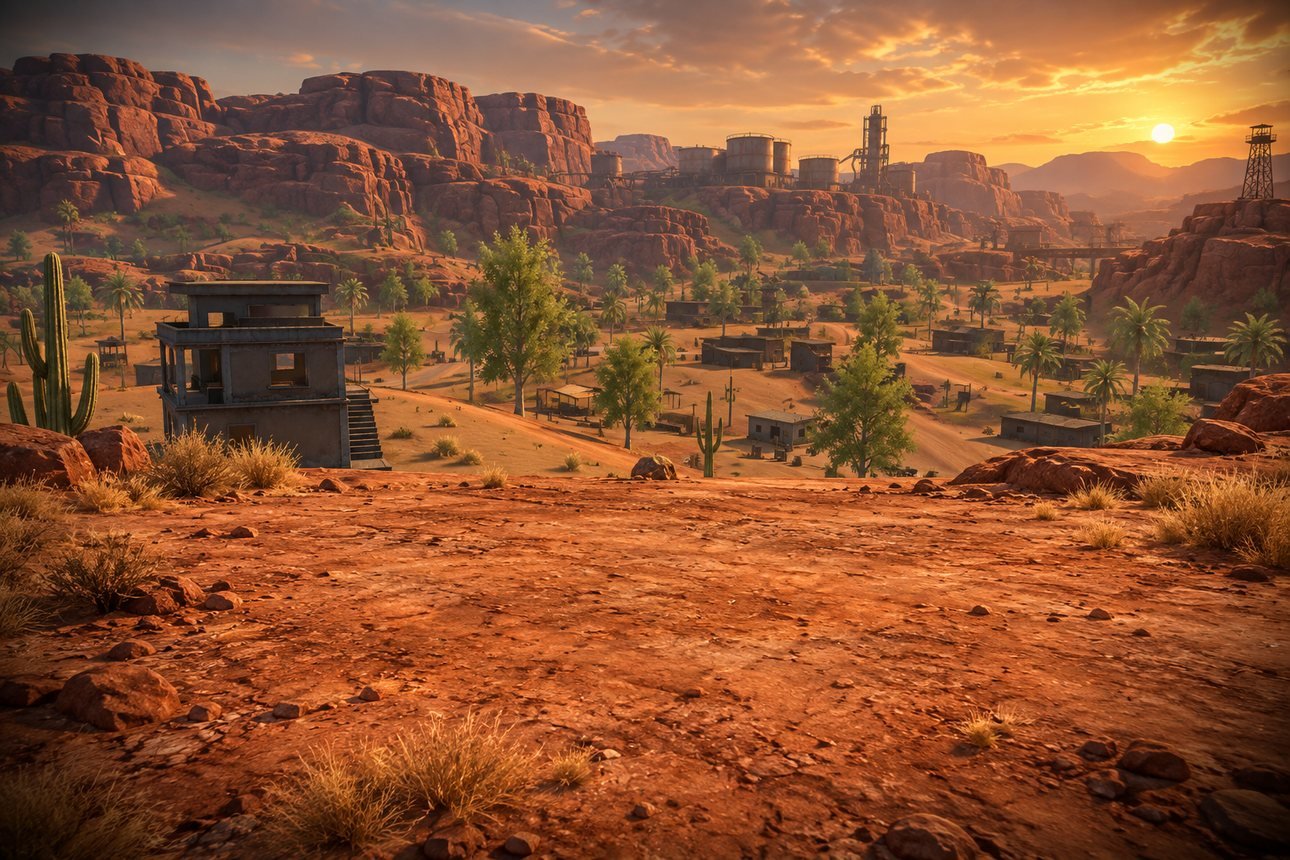 Kalahari, mapa de Free Fire no fundo da carta de come-piso