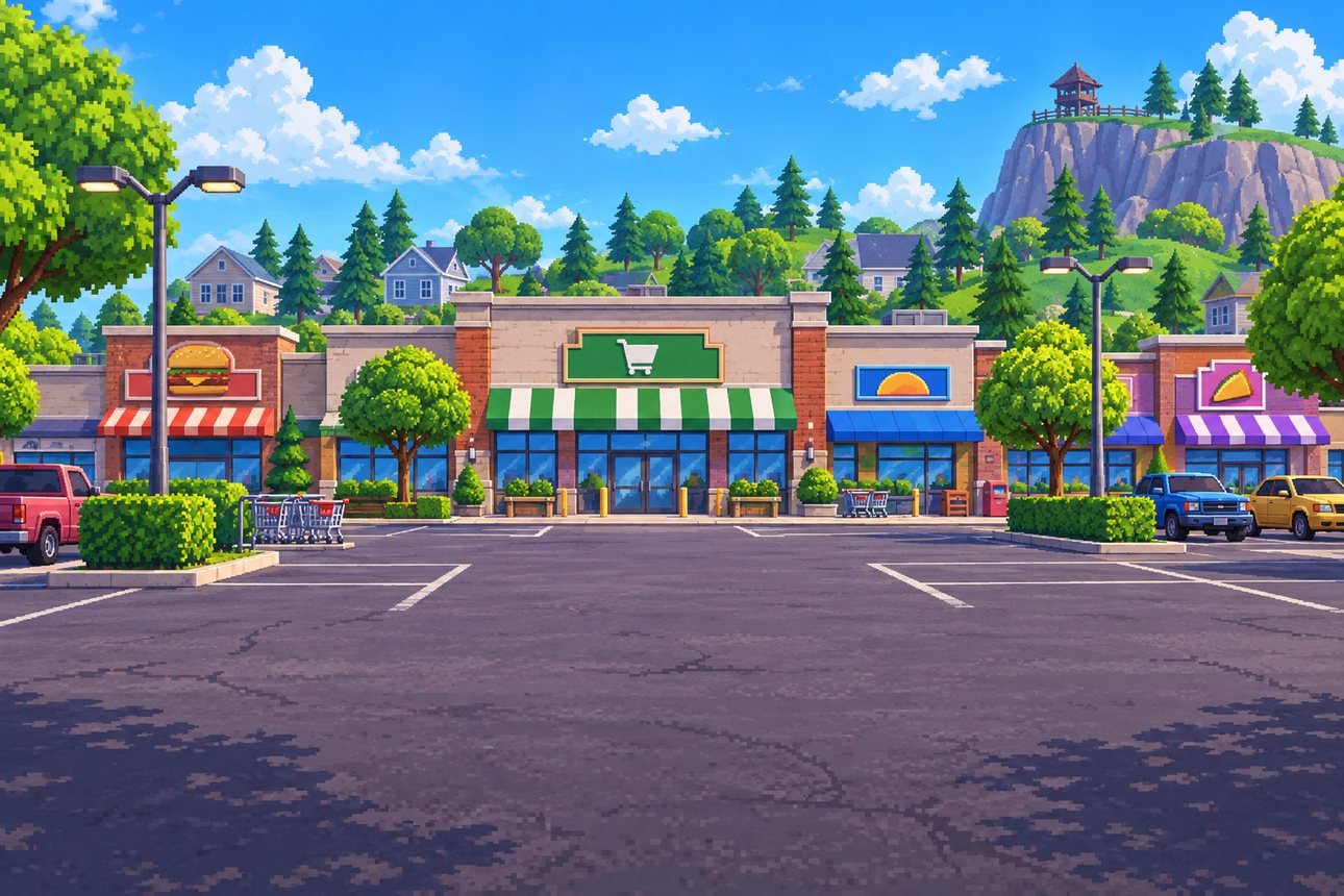 Comércio Colossal, mapa de Fortnite no fundo da carta de come-piso