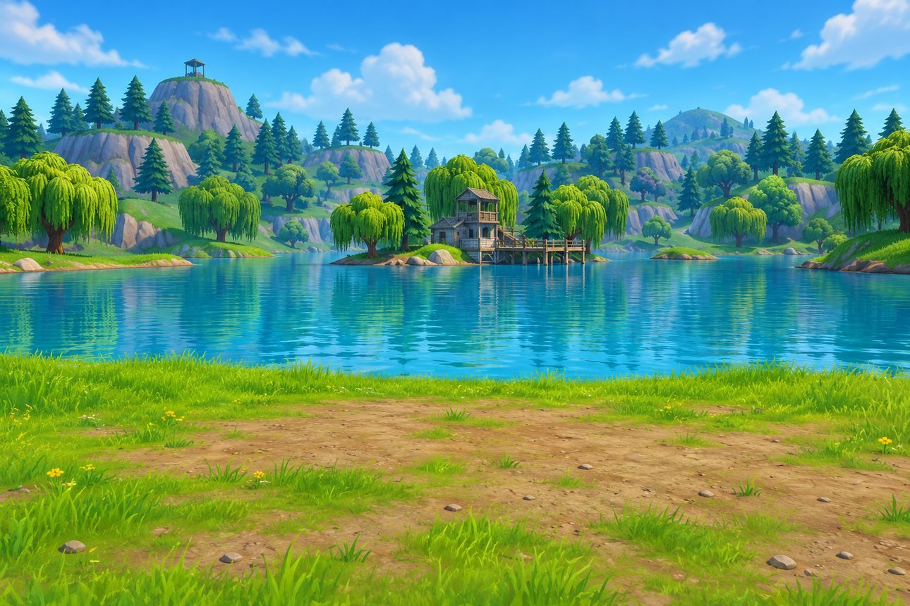 Lago do Saque, mapa de Fortnite no fundo da carta de come-piso