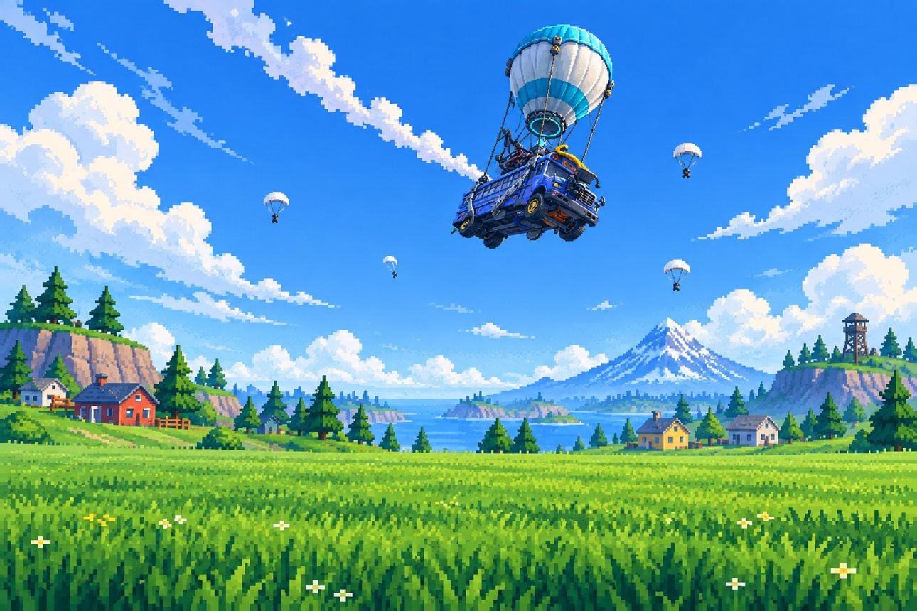 Ônibus de Batalha, mapa de Fortnite no fundo da carta de come-piso