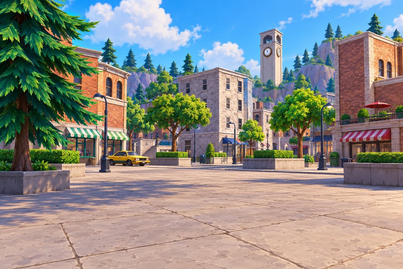 Torres Inclinadas, mapa de Fortnite no fundo da carta de come-piso