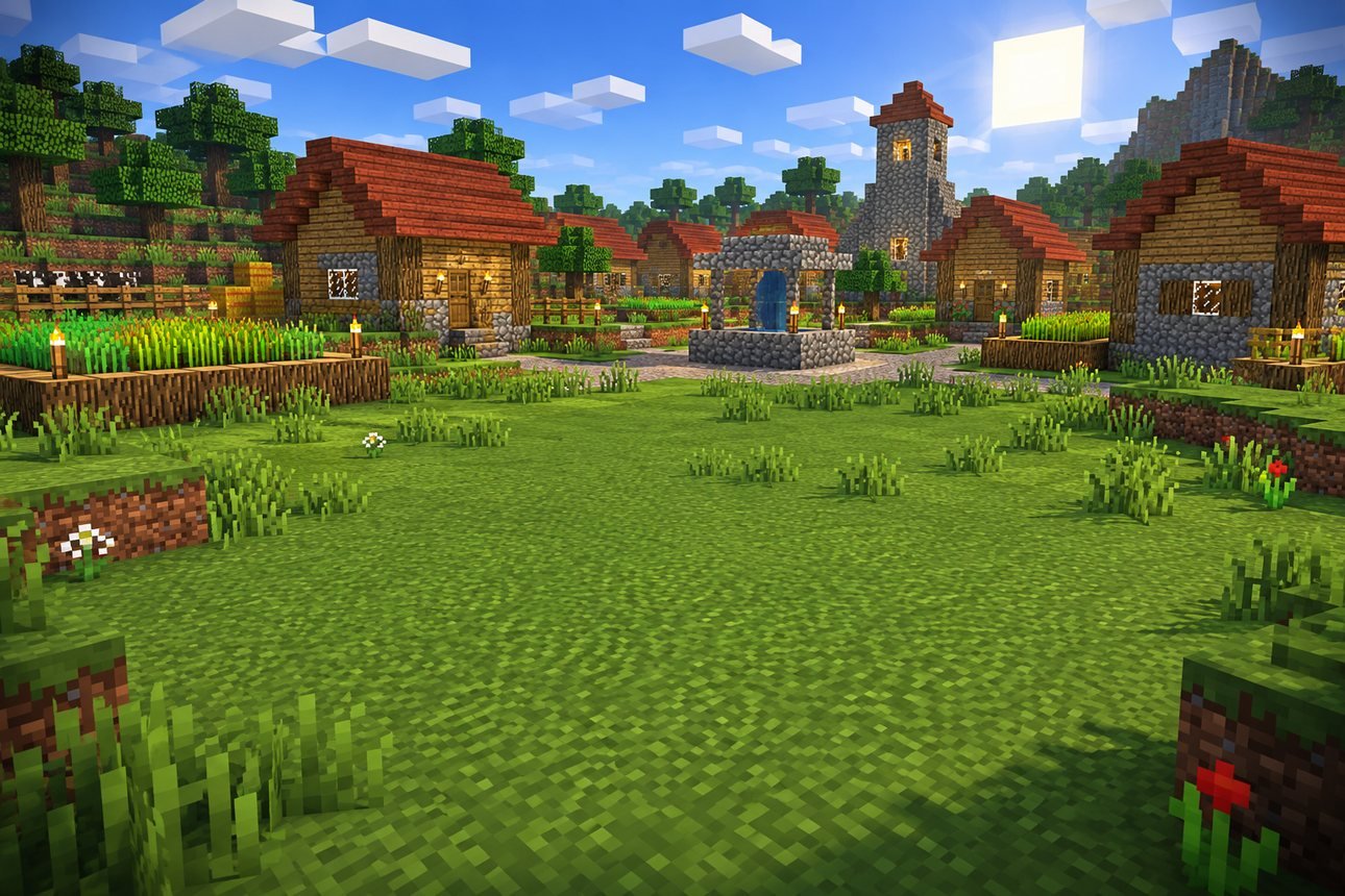 Vila, mapa de Minecraft no fundo da carta de come-piso