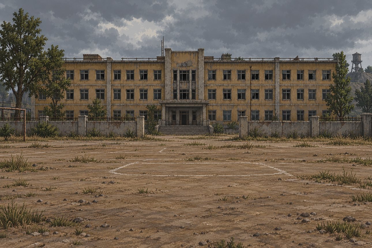A Escola, mapa de PUBG no fundo da carta de come-piso