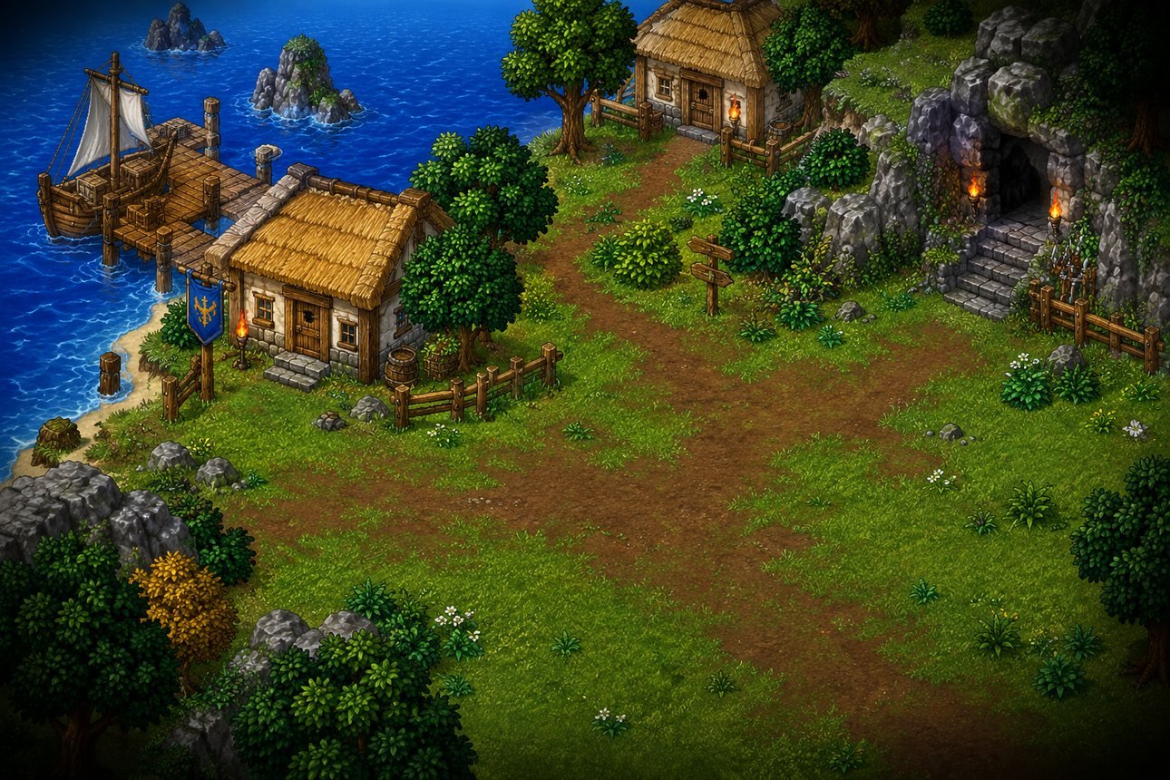 Rookgaard, mapa de Tibia no fundo da carta de come-piso